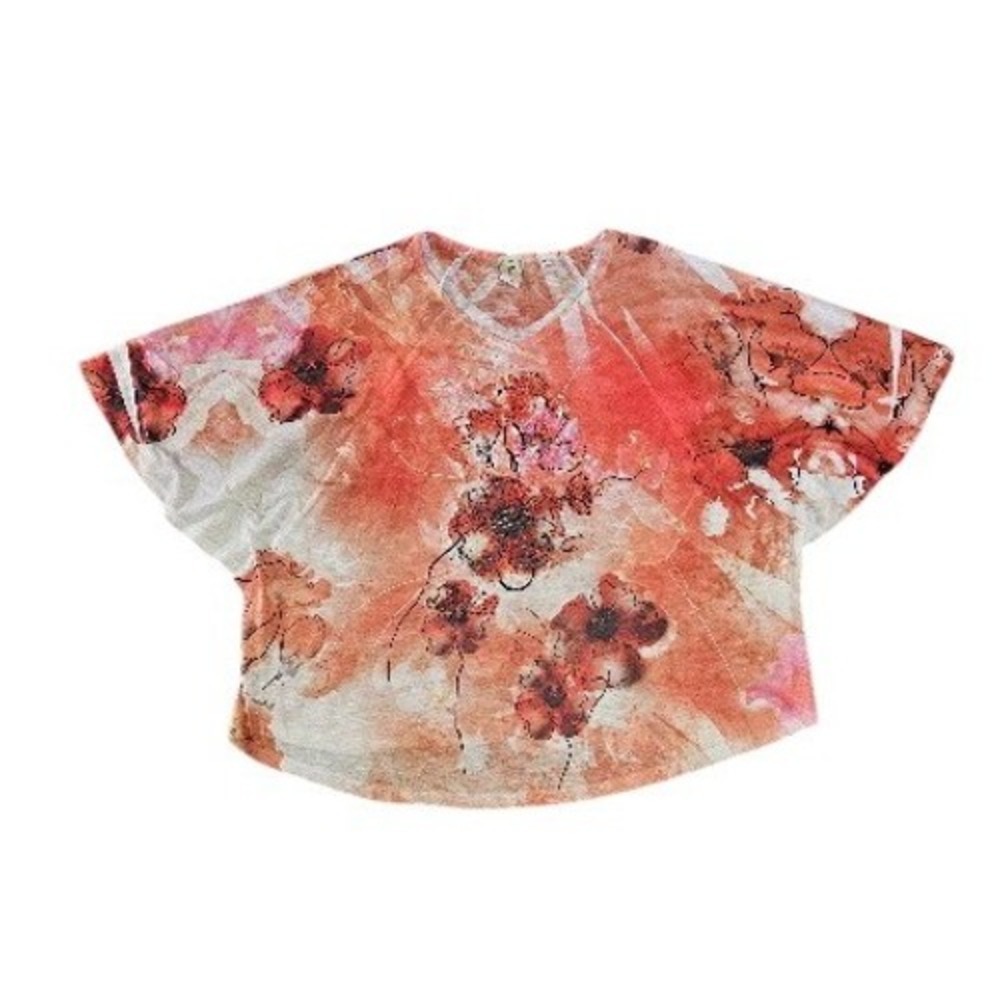 Jess & Jane Floral Rhinestone Dolman Sleeve Top Orange XL Artsy Boho